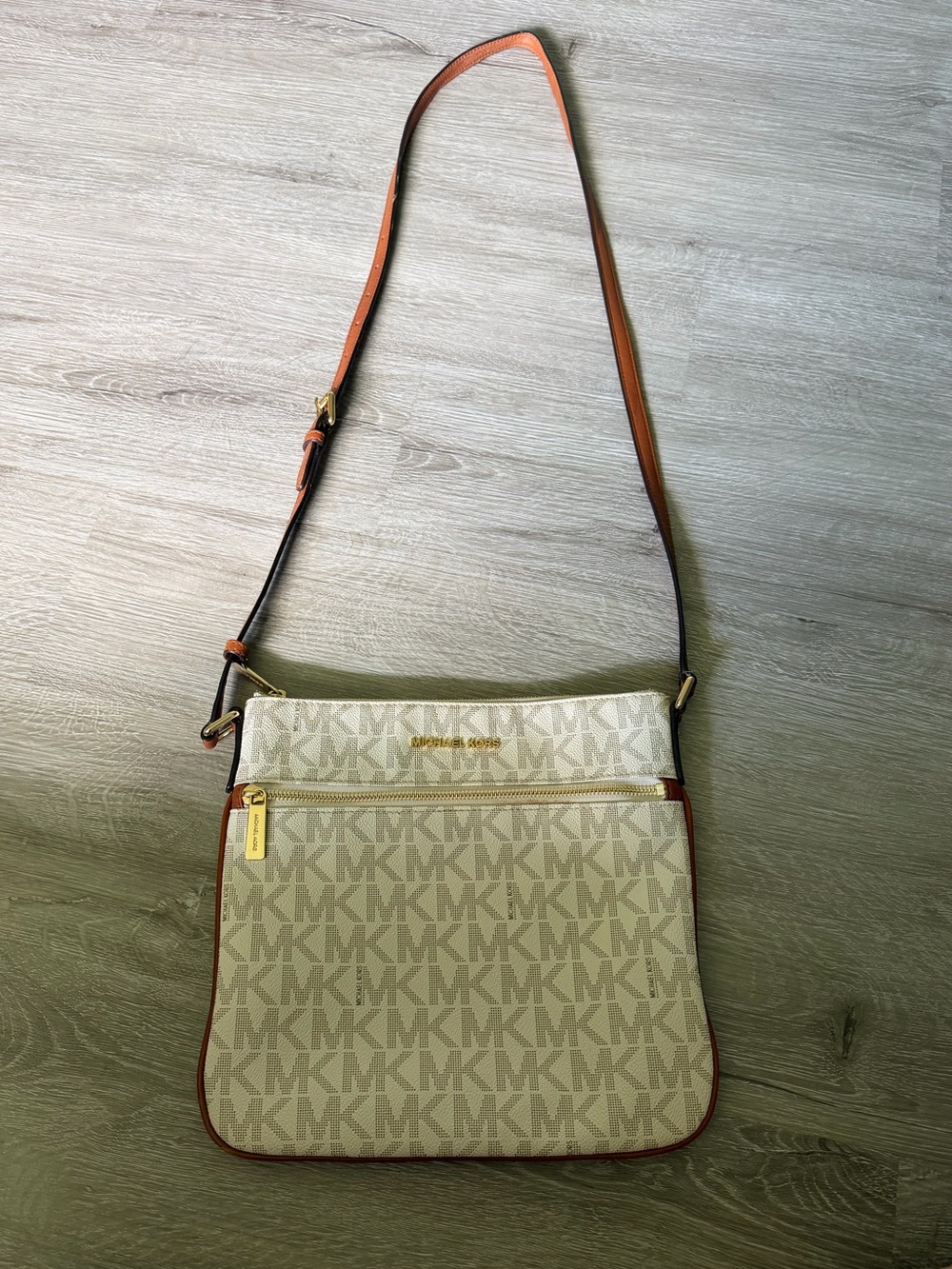 Michael Kors Cream and Brown MK Logo Crossbody Shoulder Bag